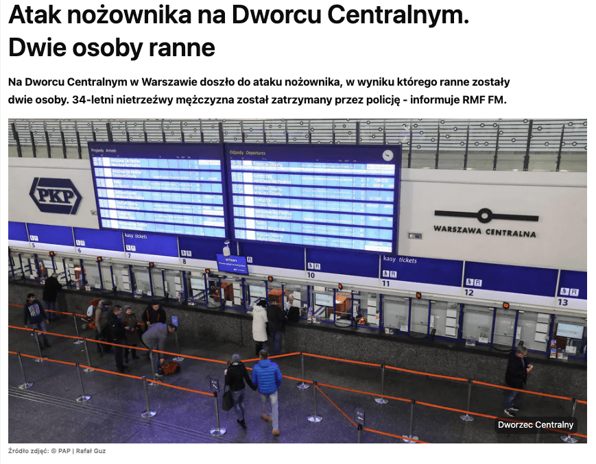Jak informuje portal Wirtualna Polska na Dworcu Centralnym w Warszawie doszło do ataku nożownika